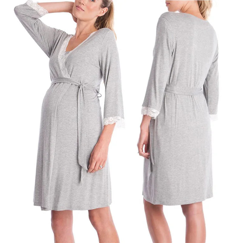 Maternity Robe Nightgown Pregnant Women Nursing Nightwear Lace Sleepwear With Adjustable Belt Pajama Dress Pregnancy Clothes