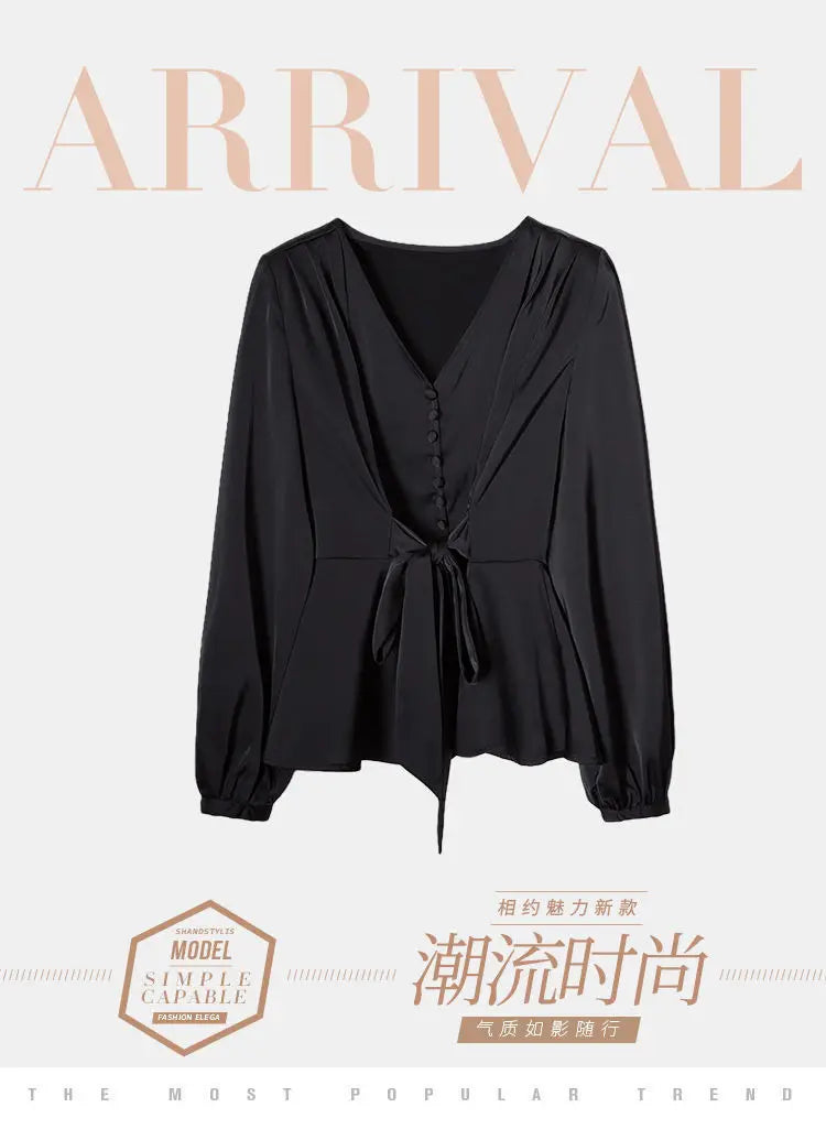 L-4XL Blouses Women Elegant Solid Black V-neck Design Button Bow Shirts High Street Fashion Slim Long Sleeve Tops Lady Clothing