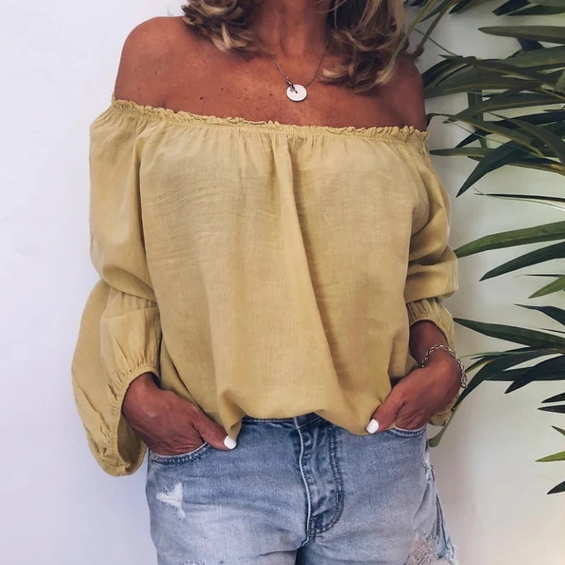 New Blouses Women Solid Casual Off Shoulder Blouse Shirt Tops Blouse Women One Neckline Pleated Elastic Lady's Shirt