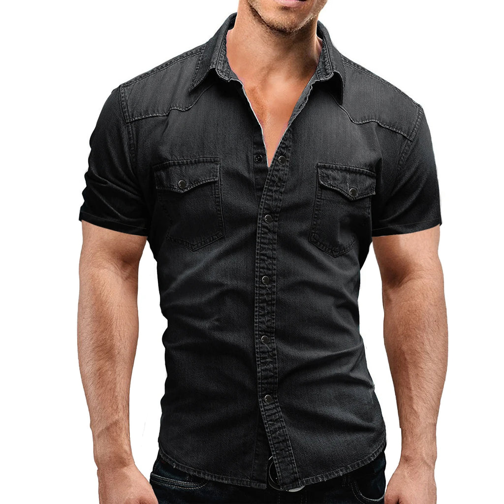 Men Summer Denim Thin Shirt Short Sleeve Soft Cotton Two Pockets Slim Slight Elastic Jeans Cowboy Shirt Clothing 2026