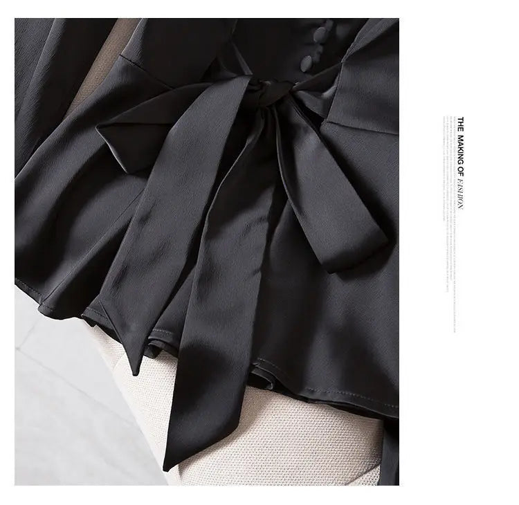 L-4XL Blouses Women Elegant Solid Black V-neck Design Button Bow Shirts High Street Fashion Slim Long Sleeve Tops Lady Clothing