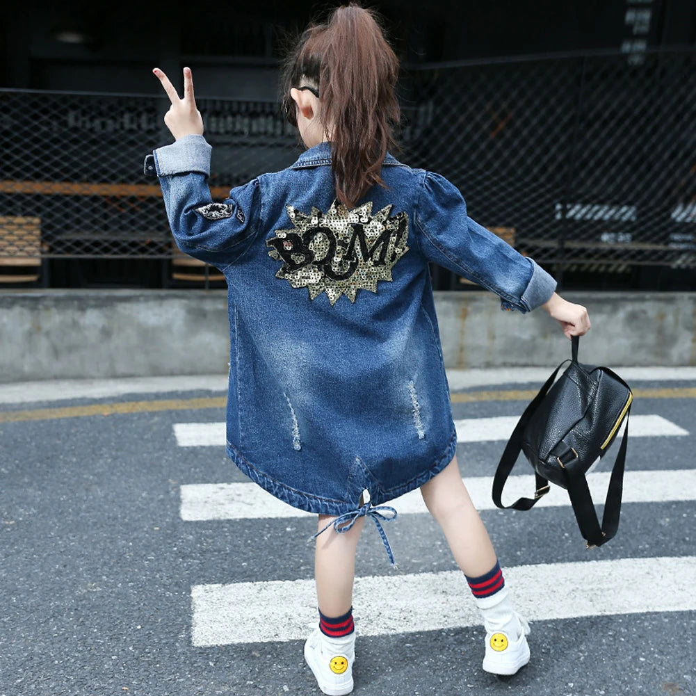 Girls Denim Jacket,Sequin Vintage Jeans Coats,Girls Jean Coat,Toddler Casual Windbreaker Cowboy Outerwear for Spring Autumn