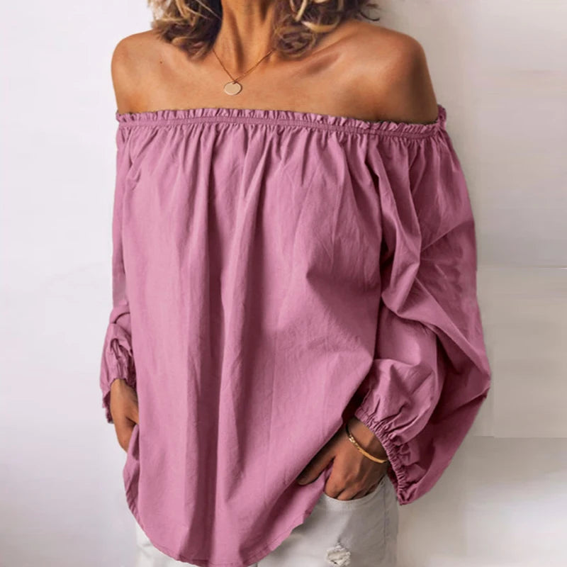 New Blouses Women Solid Casual Off Shoulder Blouse Shirt Tops Blouse Women One Neckline Pleated Elastic Lady's Shirt