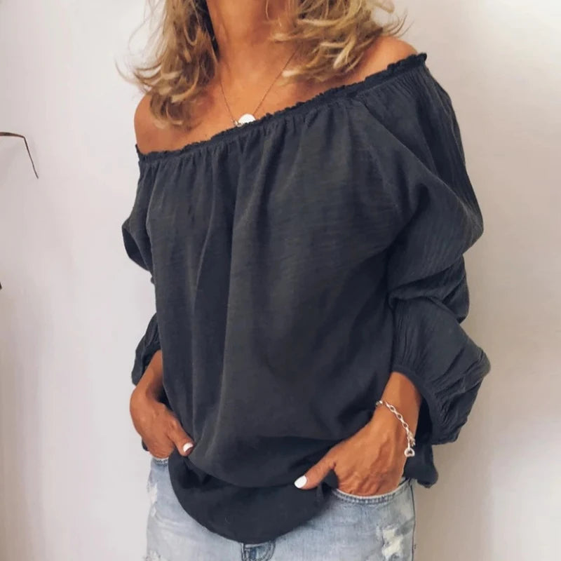 New Blouses Women Solid Casual Off Shoulder Blouse Shirt Tops Blouse Women One Neckline Pleated Elastic Lady's Shirt