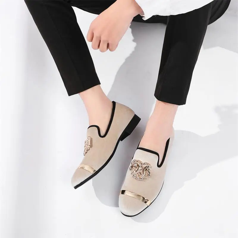 Men Party Dinner Formal Shoes Fashion Gentleman Wedding Dress Shoes for Men Casual Shoes Beige Velvet Loafers
