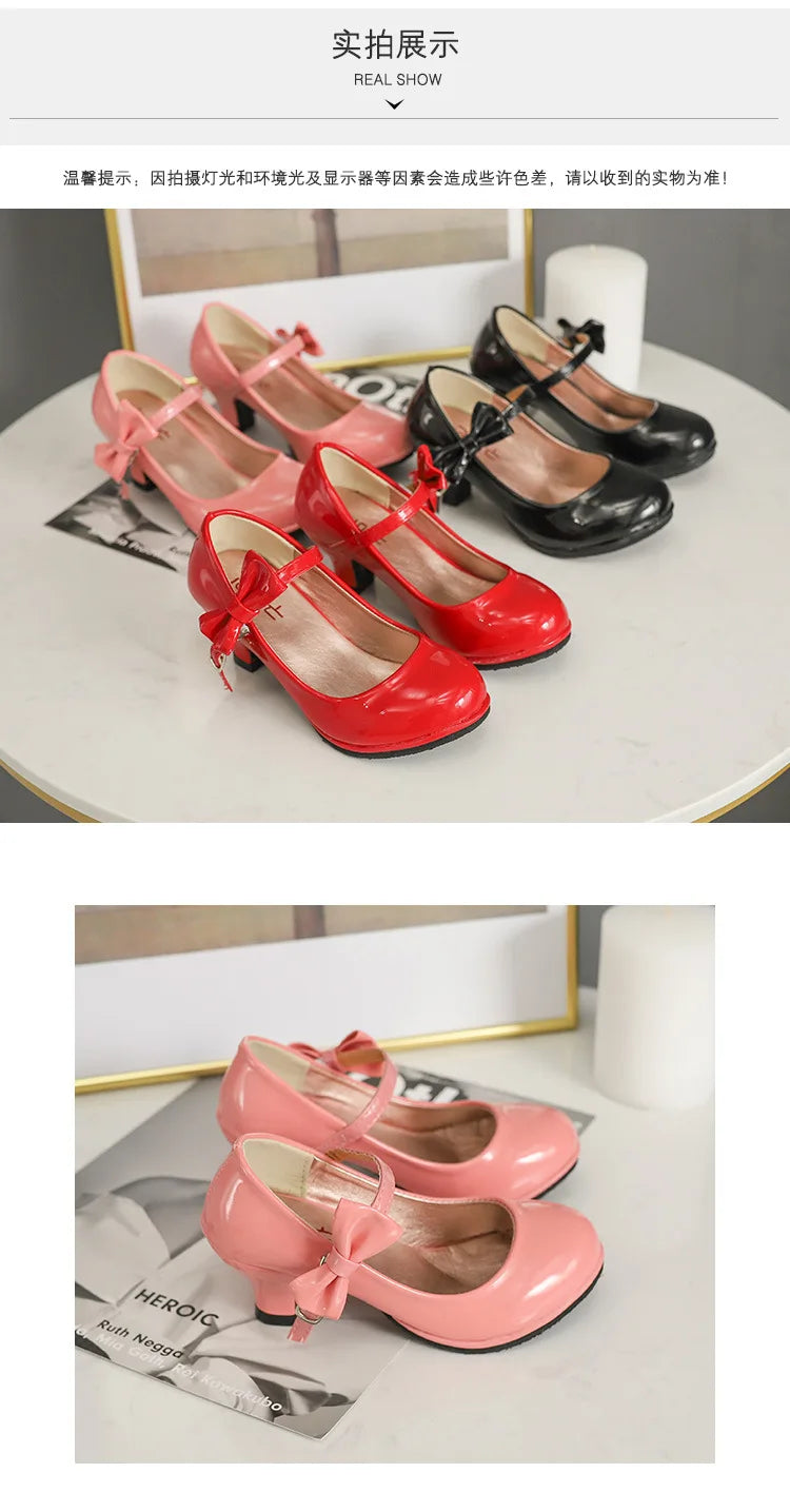 2024 New hot sale princess leather dance shoes girls party bow shoes shiny Solid Red color high-heeled fashion shoes for kids