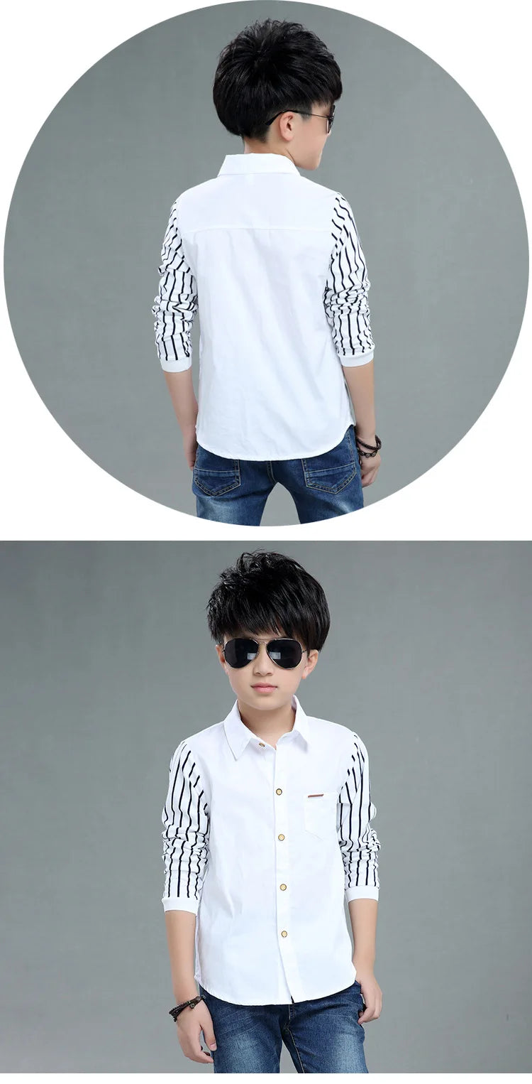 Boys Blouses And Shirts Children's Stripe Top 2024 Spring Autumn Casual White Polo Shirts Teenager School Brand Outerwear Cotton