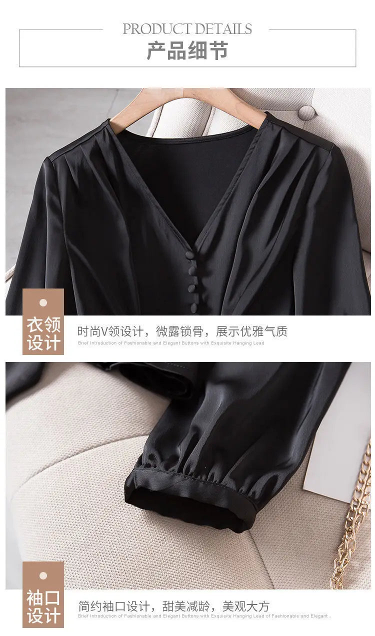 L-4XL Blouses Women Elegant Solid Black V-neck Design Button Bow Shirts High Street Fashion Slim Long Sleeve Tops Lady Clothing