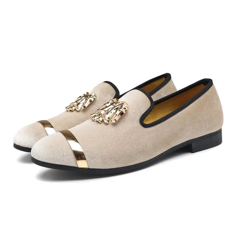 Men Party Dinner Formal Shoes Fashion Gentleman Wedding Dress Shoes for Men Casual Shoes Beige Velvet Loafers