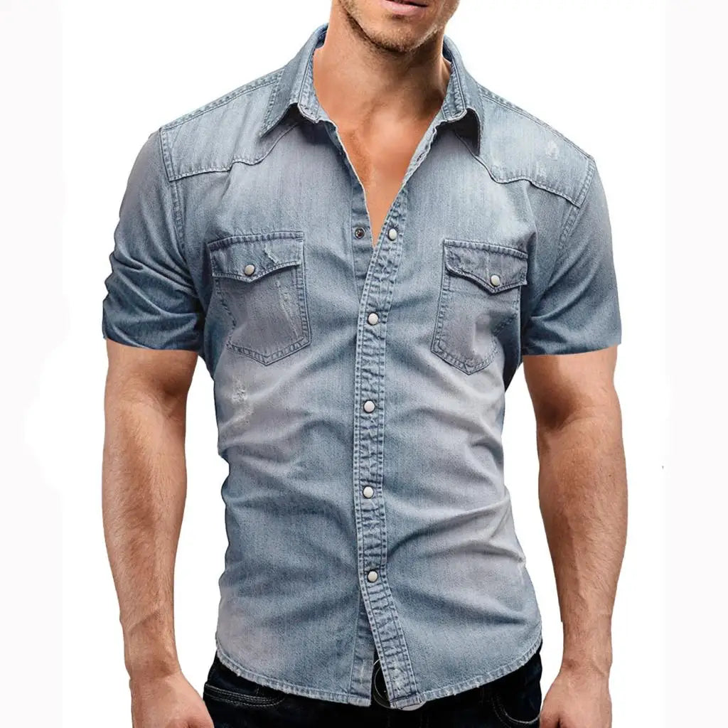Men Summer Denim Thin Shirt Short Sleeve Soft Cotton Two Pockets Slim Slight Elastic Jeans Cowboy Shirt Clothing 2026