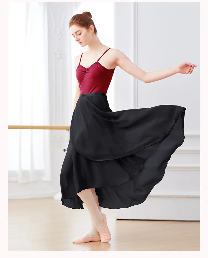 Dance Skirt Women Long Chiffon Ballet Skirts Adult Ballroom Dance Skirt Black Burgundy Ballet Costume Waist Tie Dress