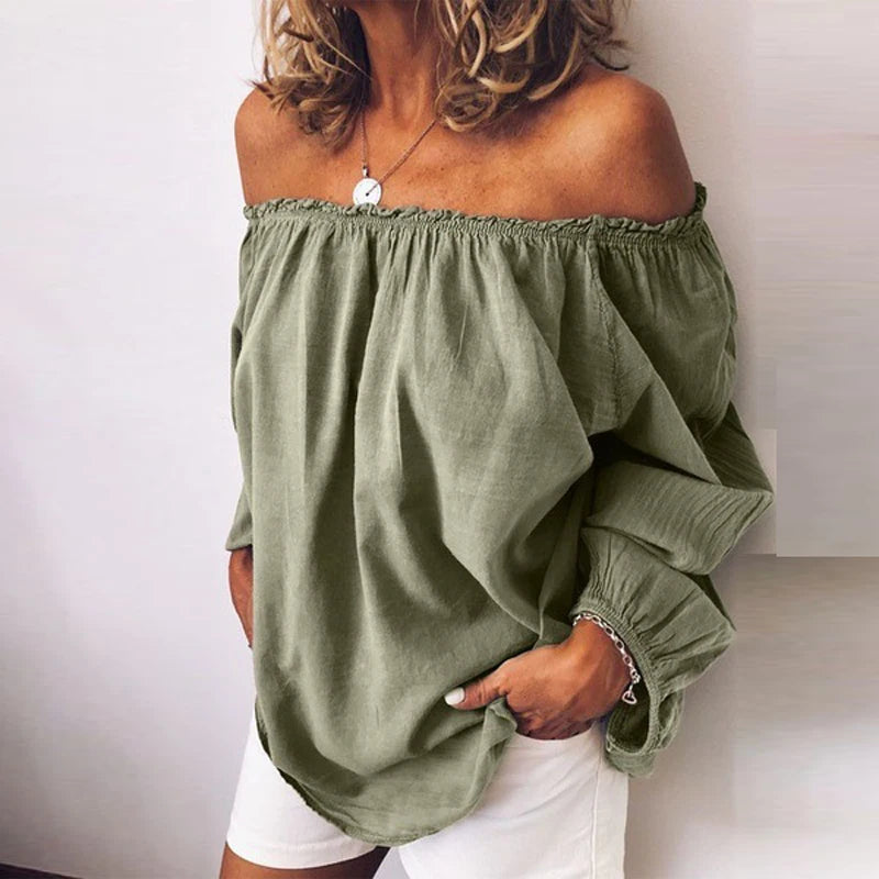 New Blouses Women Solid Casual Off Shoulder Blouse Shirt Tops Blouse Women One Neckline Pleated Elastic Lady's Shirt