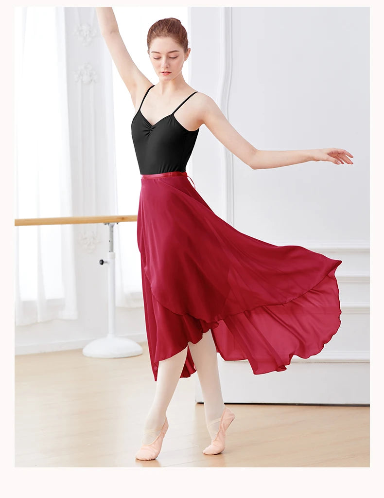 Dance Skirt Women Long Chiffon Ballet Skirts Adult Ballroom Dance Skirt Black Burgundy Ballet Costume Waist Tie Dress