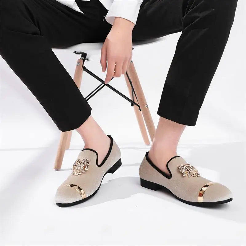 Men Party Dinner Formal Shoes Fashion Gentleman Wedding Dress Shoes for Men Casual Shoes Beige Velvet Loafers