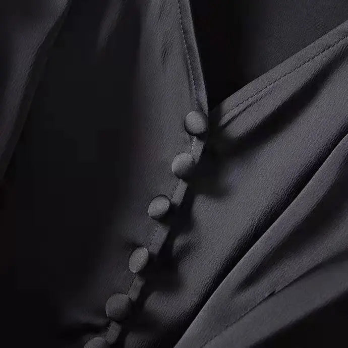 L-4XL Blouses Women Elegant Solid Black V-neck Design Button Bow Shirts High Street Fashion Slim Long Sleeve Tops Lady Clothing