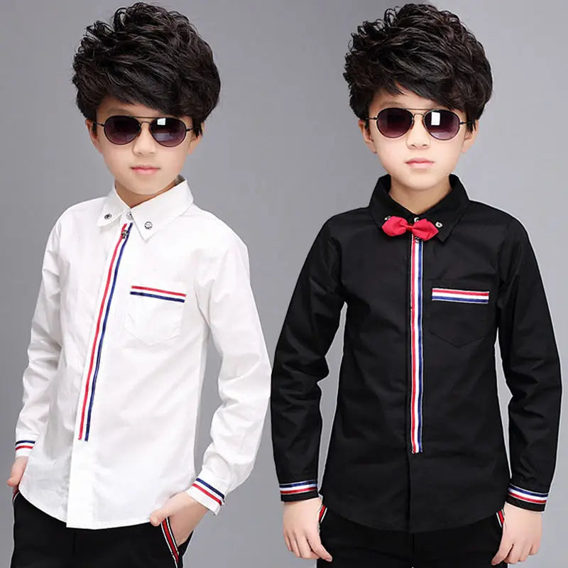 Teenage Boys Shirts Spring Cotton Long Sleeve Solid Shirt Kids White&Black Tops Teen School Bow Clothes 6 10 13 16 boy clothes