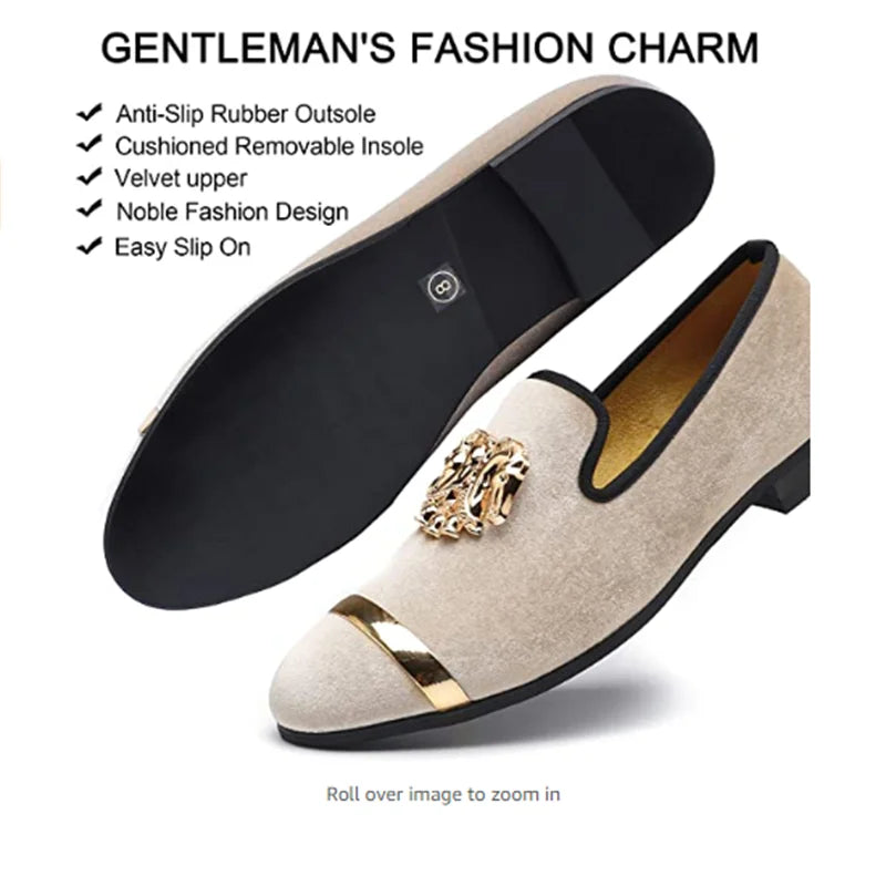 Men Party Dinner Formal Shoes Fashion Gentleman Wedding Dress Shoes for Men Casual Shoes Beige Velvet Loafers