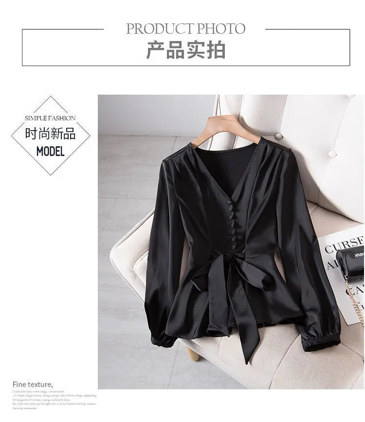 L-4XL Blouses Women Elegant Solid Black V-neck Design Button Bow Shirts High Street Fashion Slim Long Sleeve Tops Lady Clothing