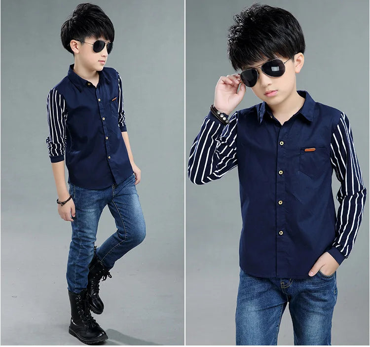 Boys Blouses And Shirts Children's Stripe Top 2024 Spring Autumn Casual White Polo Shirts Teenager School Brand Outerwear Cotton