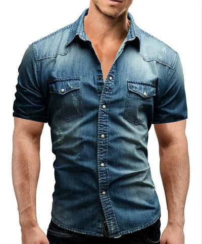 Men Summer Denim Thin Shirt Short Sleeve Soft Cotton Two Pockets Slim Slight Elastic Jeans Cowboy Shirt Clothing 2026
