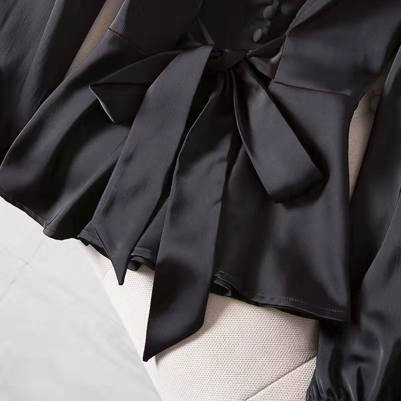 L-4XL Blouses Women Elegant Solid Black V-neck Design Button Bow Shirts High Street Fashion Slim Long Sleeve Tops Lady Clothing