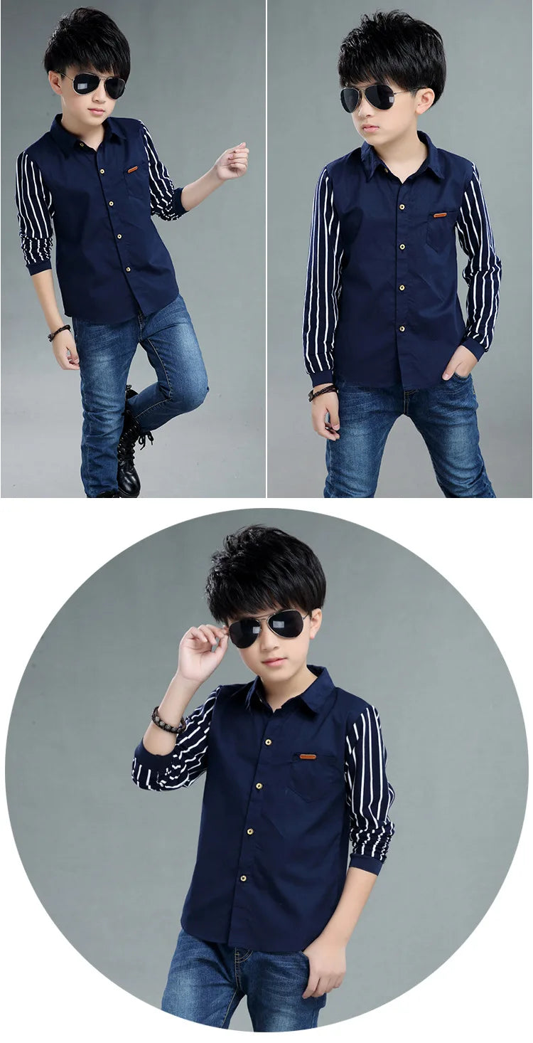 Boys Blouses And Shirts Children's Stripe Top 2024 Spring Autumn Casual White Polo Shirts Teenager School Brand Outerwear Cotton