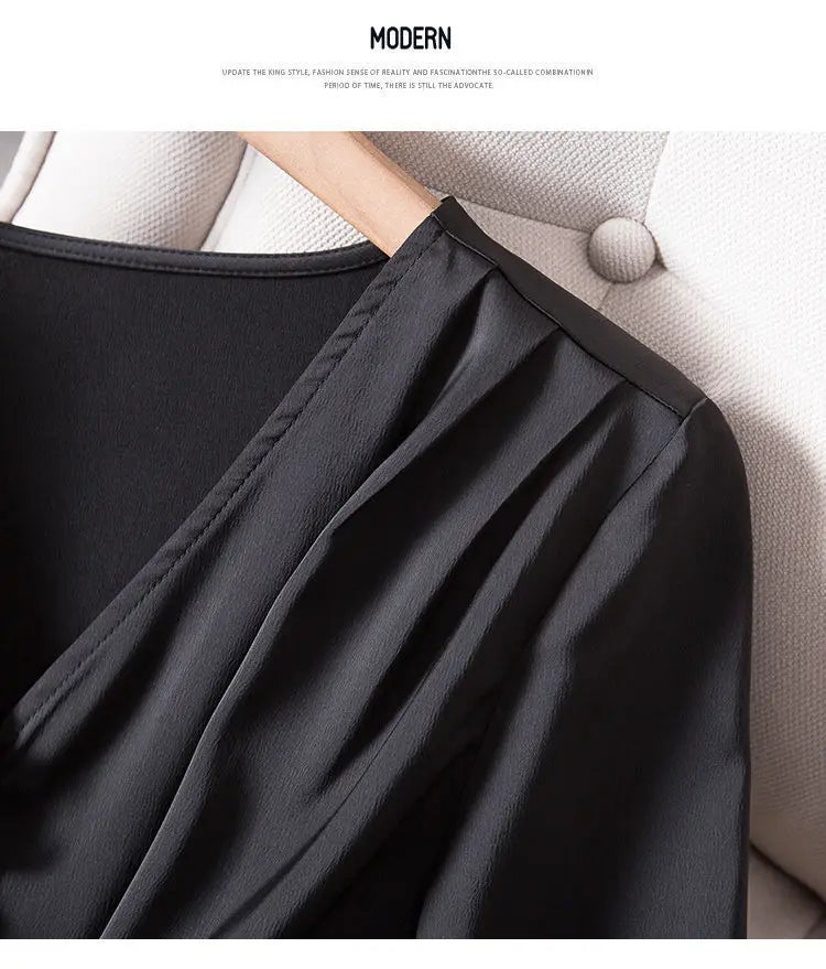 L-4XL Blouses Women Elegant Solid Black V-neck Design Button Bow Shirts High Street Fashion Slim Long Sleeve Tops Lady Clothing