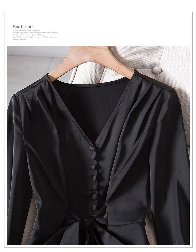 L-4XL Blouses Women Elegant Solid Black V-neck Design Button Bow Shirts High Street Fashion Slim Long Sleeve Tops Lady Clothing