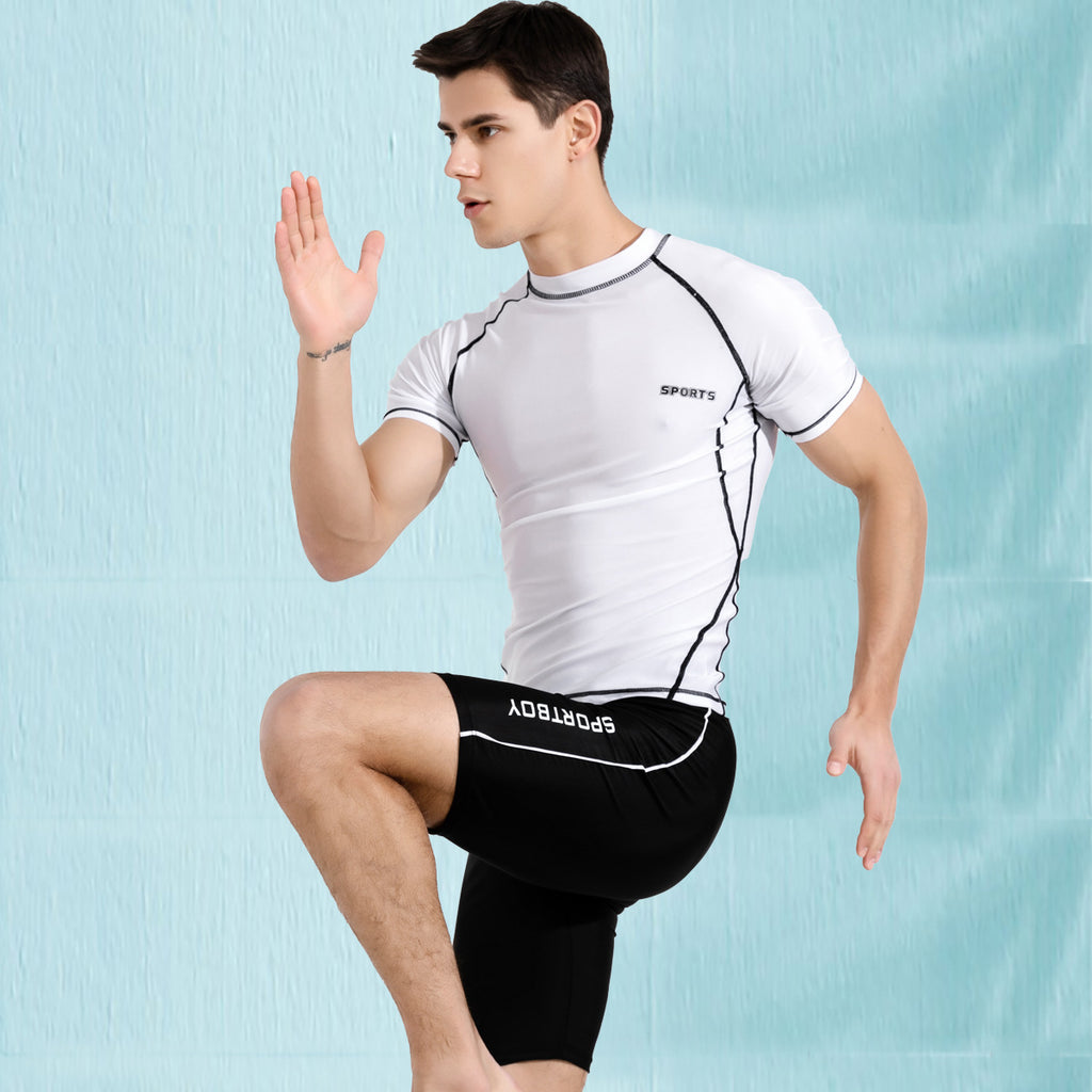 Swimwear Men 2 Piece Sets Tight Elastic Shorts Shirts Swimsuit Surf Board Bathing Suit Rash Guards Wetsuits Sports Beachwear New