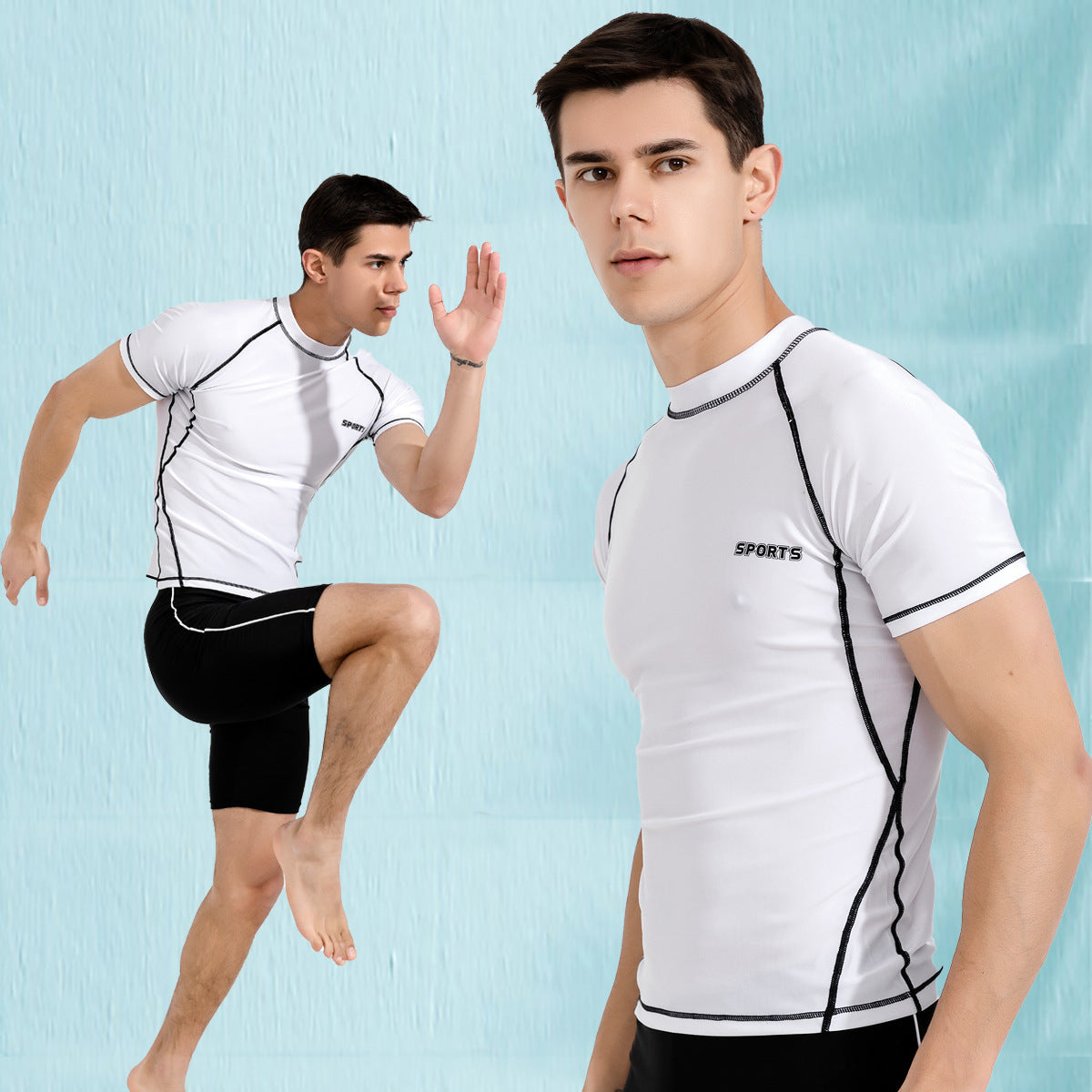 Swimwear Men 2 Piece Sets Tight Elastic Shorts Shirts Swimsuit Surf Board Bathing Suit Rash Guards Wetsuits Sports Beachwear New