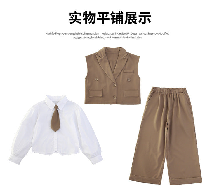 New Girls Blazer Suit Clothing Sets 2026 Spring Autumn New Kids Vest+Pants Fashion Loose Formal Teens Casual Outfits 3-14 Years