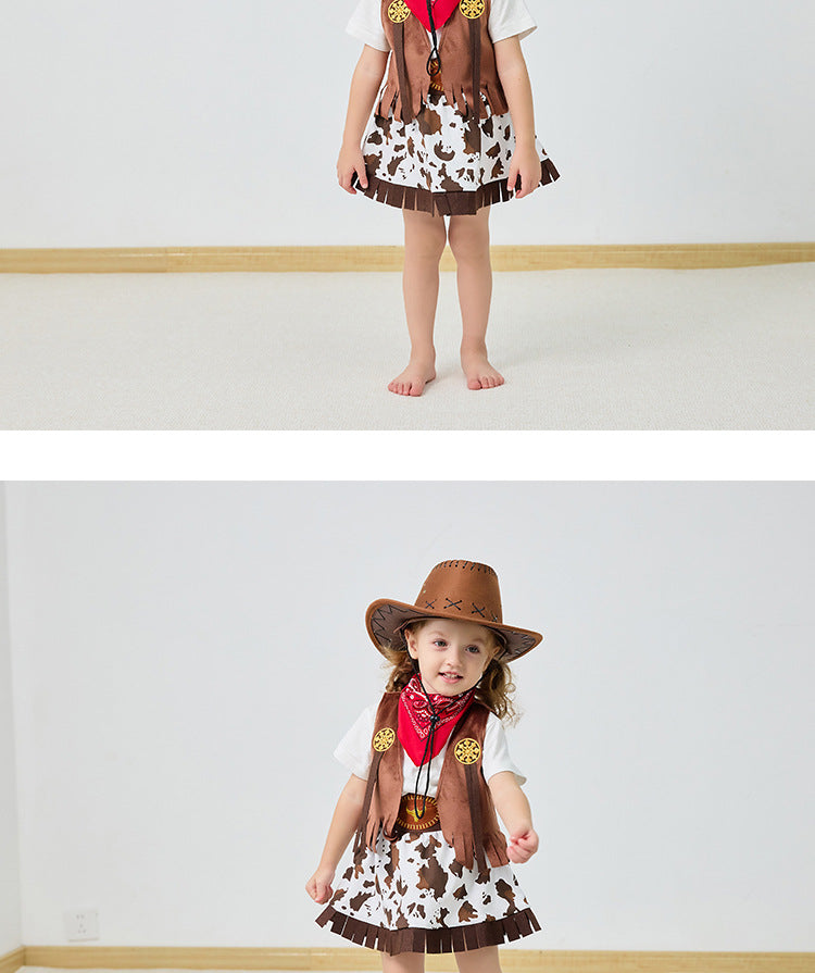 2025 Kids Toddlers costume cowgirls Cosplay 3pc suit purim event Holiday BIRTHDAY outfits Hat Scarf Shirt waist coat Skirt