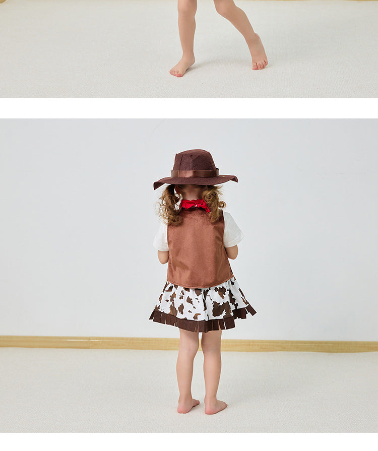 2025 Kids Toddlers costume cowgirls Cosplay 3pc suit purim event Holiday BIRTHDAY outfits Hat Scarf Shirt waist coat Skirt