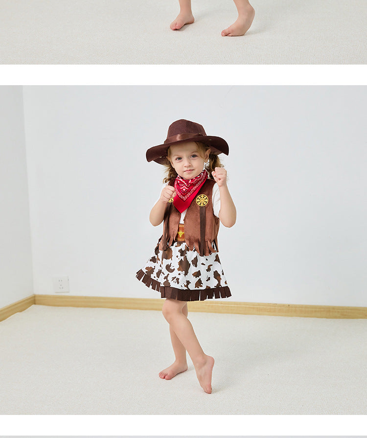 2025 Kids Toddlers costume cowgirls Cosplay 3pc suit purim event Holiday BIRTHDAY outfits Hat Scarf Shirt waist coat Skirt
