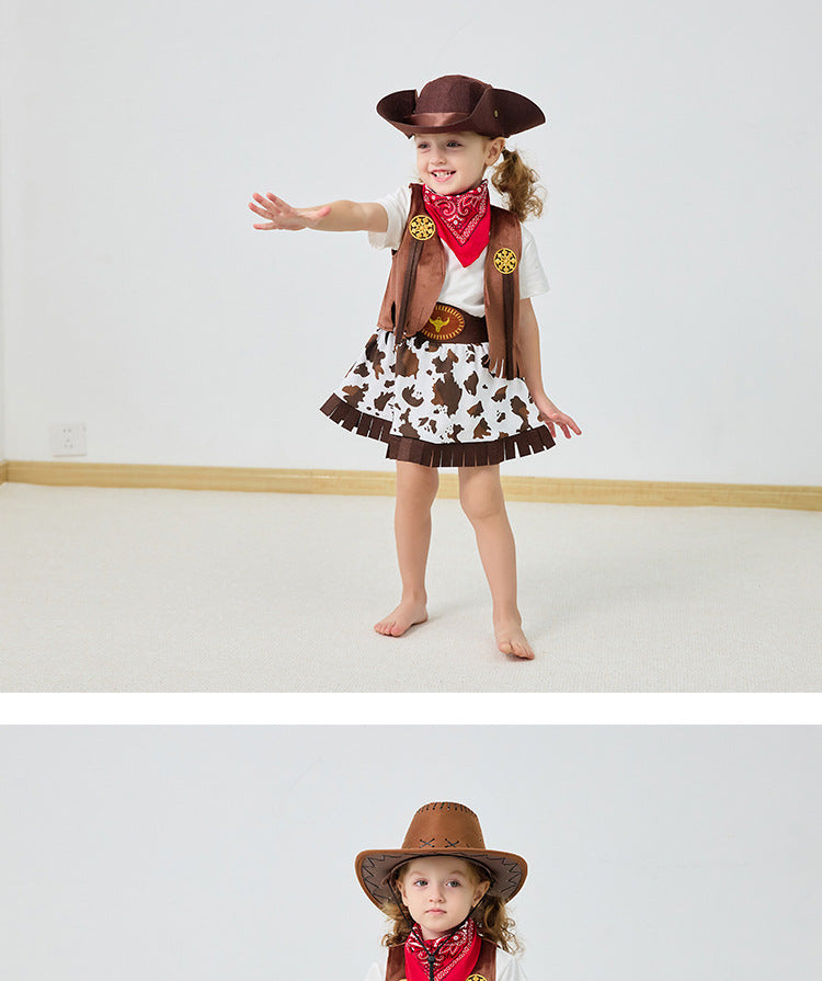 2025 Kids Toddlers costume cowgirls Cosplay 3pc suit purim event Holiday BIRTHDAY outfits Hat Scarf Shirt waist coat Skirt