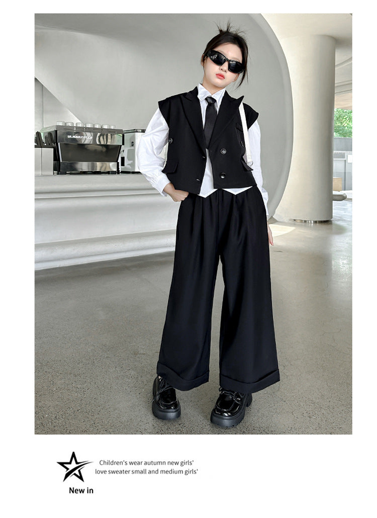 New Girls Blazer Suit Clothing Sets 2026 Spring Autumn New Kids Vest+Pants Fashion Loose Formal Teens Casual Outfits 3-14 Years