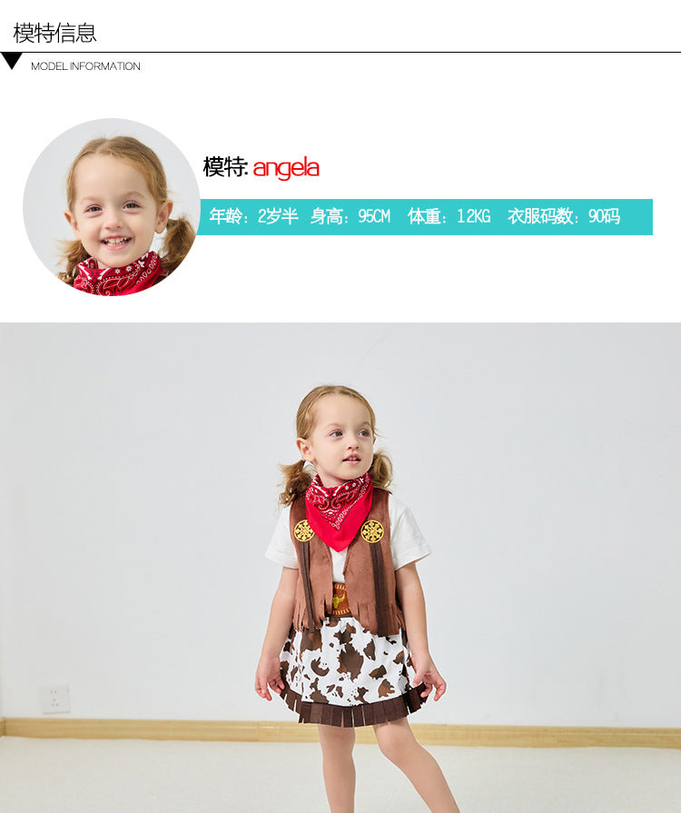 2025 Kids Toddlers costume cowgirls Cosplay 3pc suit purim event Holiday BIRTHDAY outfits Hat Scarf Shirt waist coat Skirt