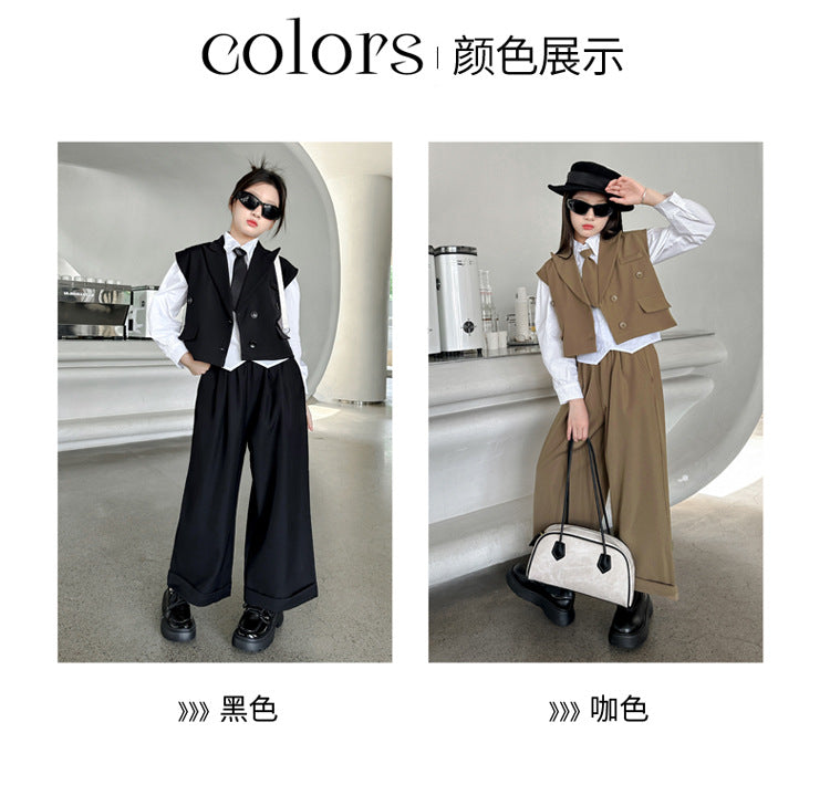 New Girls Blazer Suit Clothing Sets 2026 Spring Autumn New Kids Vest+Pants Fashion Loose Formal Teens Casual Outfits 3-14 Years