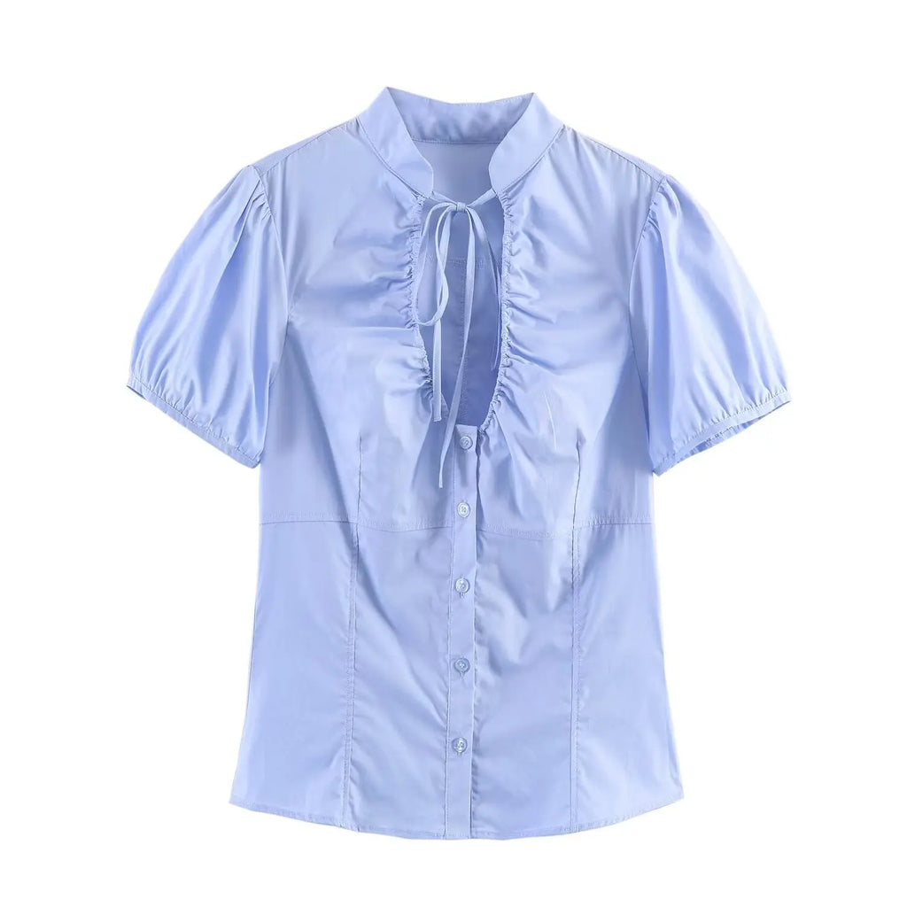 Women Sexy V-Neck Single Breasted Crop Shirts 2026 Summer Female Chic Bow Lace-Up Puff Sleeve Slim Shirts Y2K Girl Cute Shirt