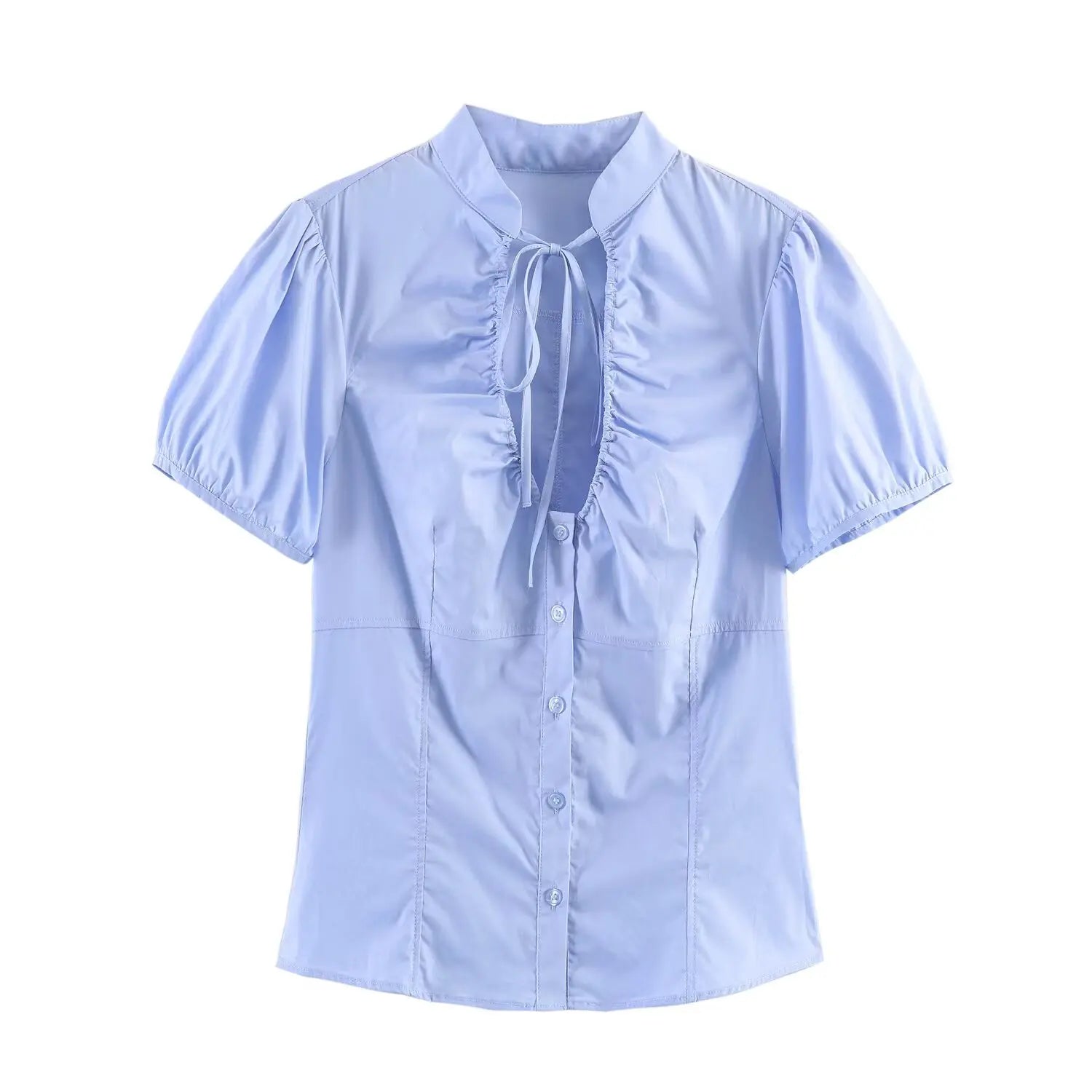 Women Sexy V-Neck Single Breasted Crop Shirts 2026 Summer Female Chic Bow Lace-Up Puff Sleeve Slim Shirts Y2K Girl Cute Shirt