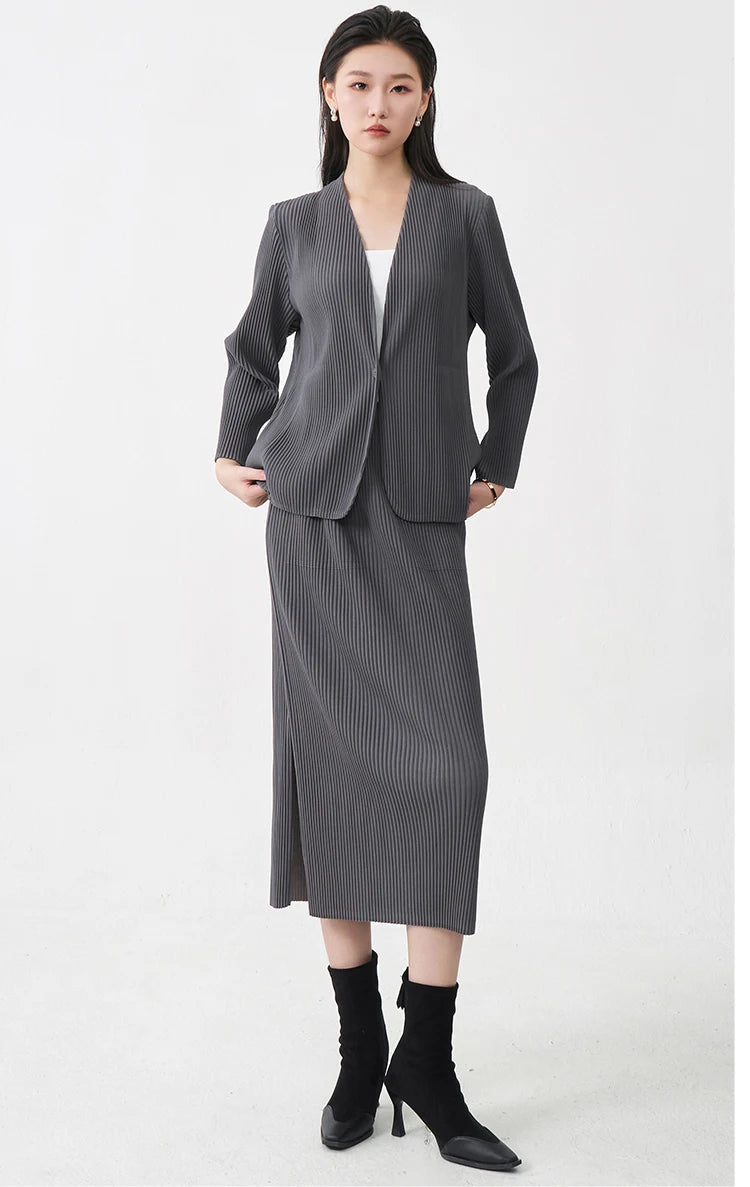 Fast Shipping Women's Fashion Set High Quality Top and Skirt Two Piece Office Set Miyake Pleated Set