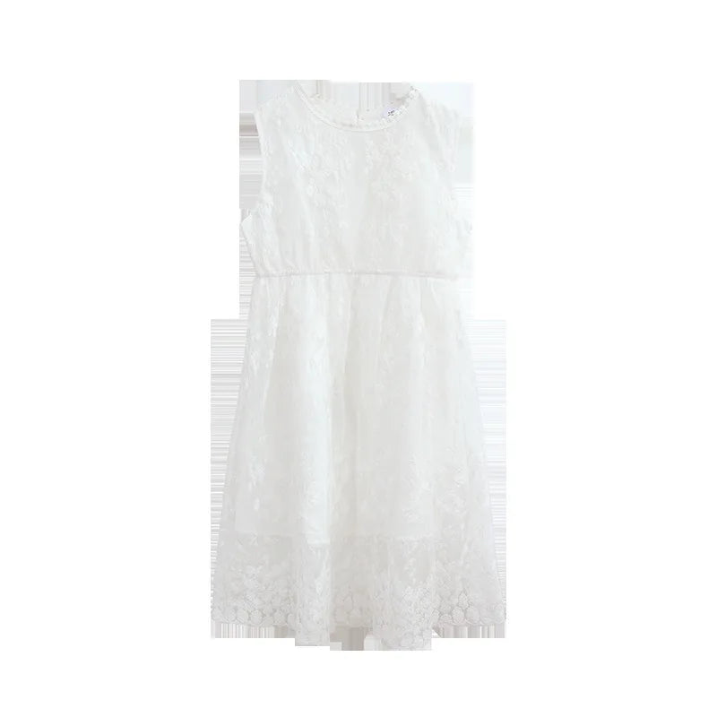 2026 summer Teenager kids Girls clothes floral mesh Princess white Dress lace off shoulder sleeveless 5 6 7 8 9 10 11 12 Years