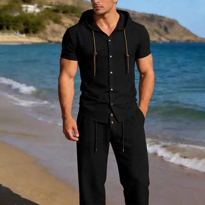 Men's Sport Casual Suit - Stylish and Handsome, with A Hooded, Pleated Short-sleeved Shirt and Loose-fitting Trousers.