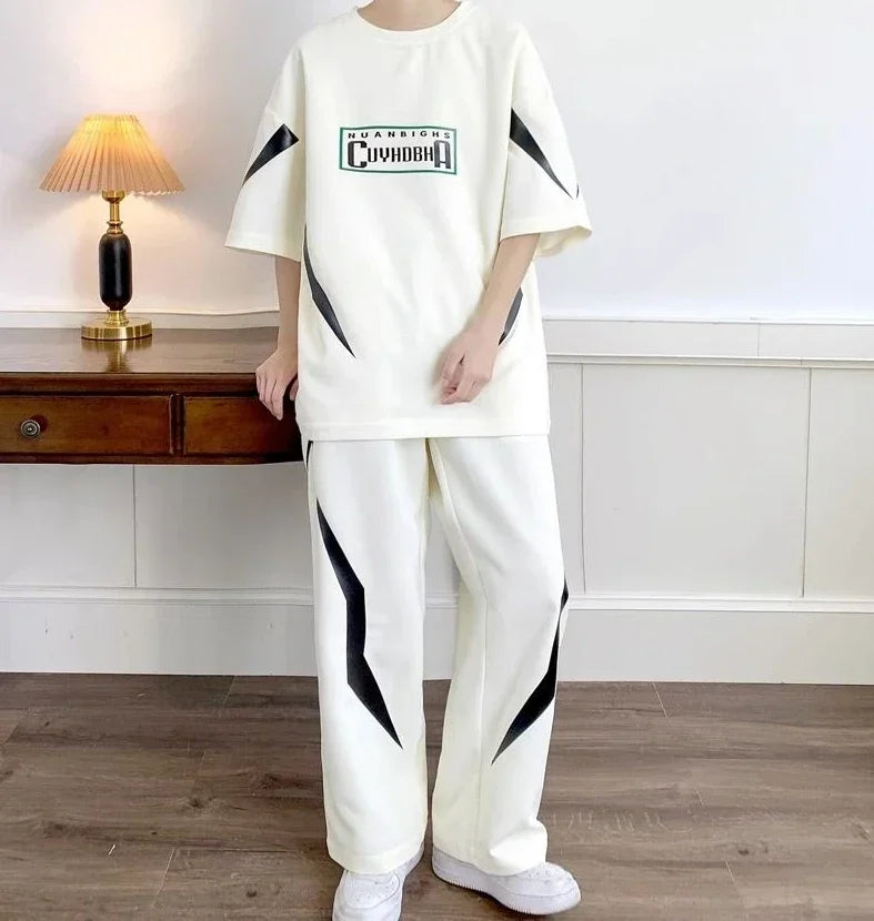Male T Shirt Trousers Sets Smooth Sports Suits Alphabet Men's Pants Set Two-piece Outfits Xl Offer Korean Style Stylish Casual