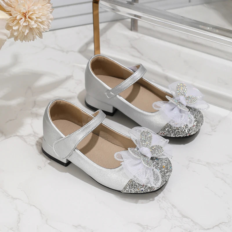 New Girl Princess Shoes for Wedding Party Children Fashion Leather Shoes Silver Bowknot Versatile Kids Catwalk High Heel Shoes