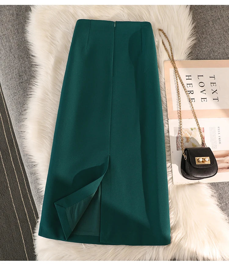 Elegant Office Ladies Work Suit Straight Skirt Women Autumn Winter Korean Fashion High Waist Split Business Midi Long Skirts