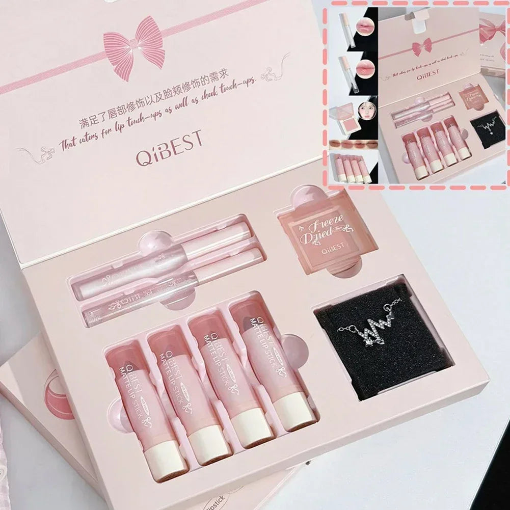 8Pcs Makeup Set Include 4pcs Velvet Nude Matte Liquid Lipstick And 1pc Face Blush Palette With Necklace Gift Cosmetics