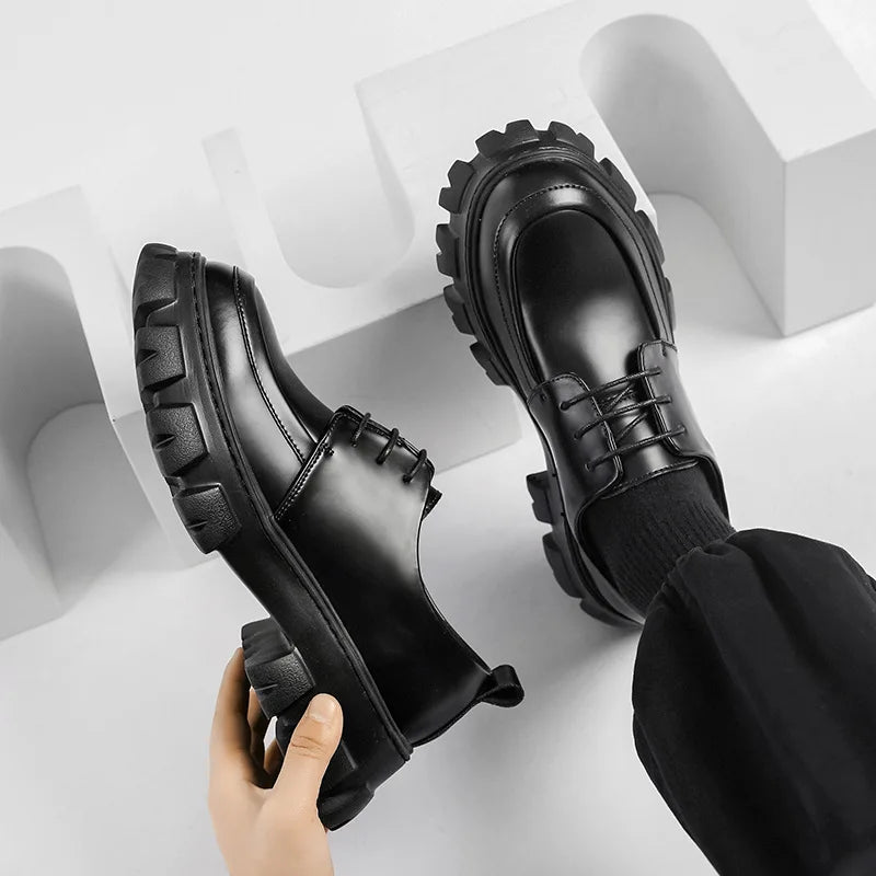 Male Leather Shoes Men 2023 New Chunky Platform Retro Work Shoes Spring Autumn Derby Shoes Highstreet Low Top Man Casual Flats
