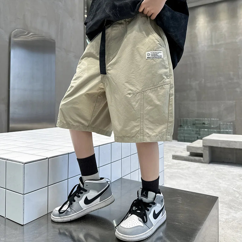 Kids Casual Solid Color Cargo Shorts for Tween Boys Khaki Black Summer Shorts Teenage Child Brief Knee-Length Pants Age 5-14Y