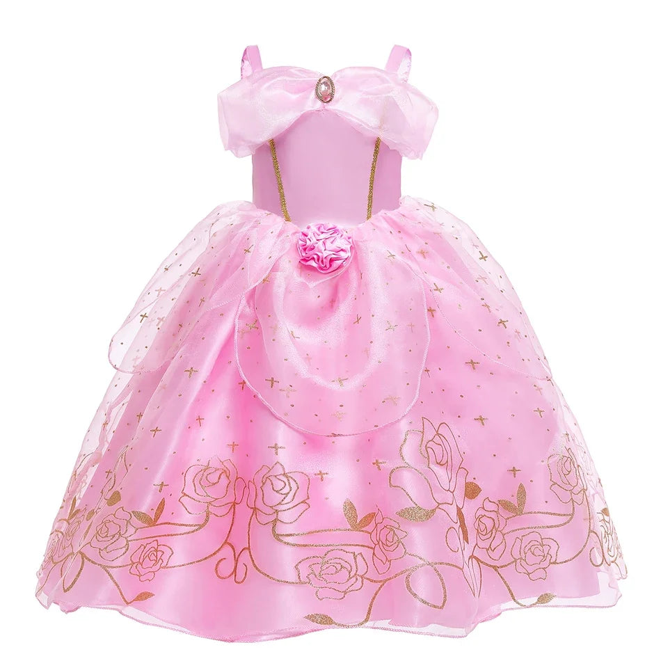 Kid Princess Pink Dress Girl Summer Fancy Party Clothes Children Sleeping Beauty Flower Dresses Christmas Carnival Costume Cloth
